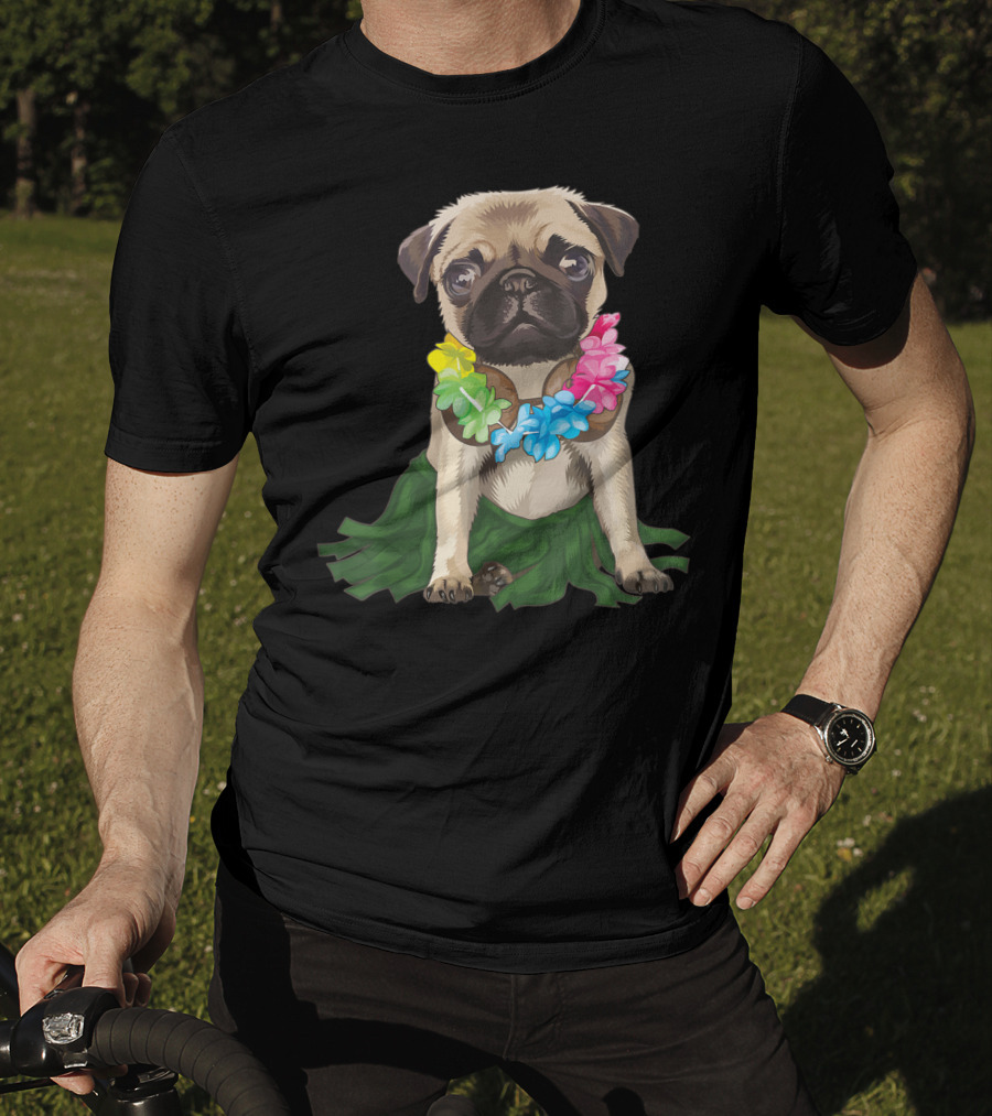 Pug Wearing Hawaiian Hula Skirt And Flower Lei Aloha Dance Animal T-Shirt