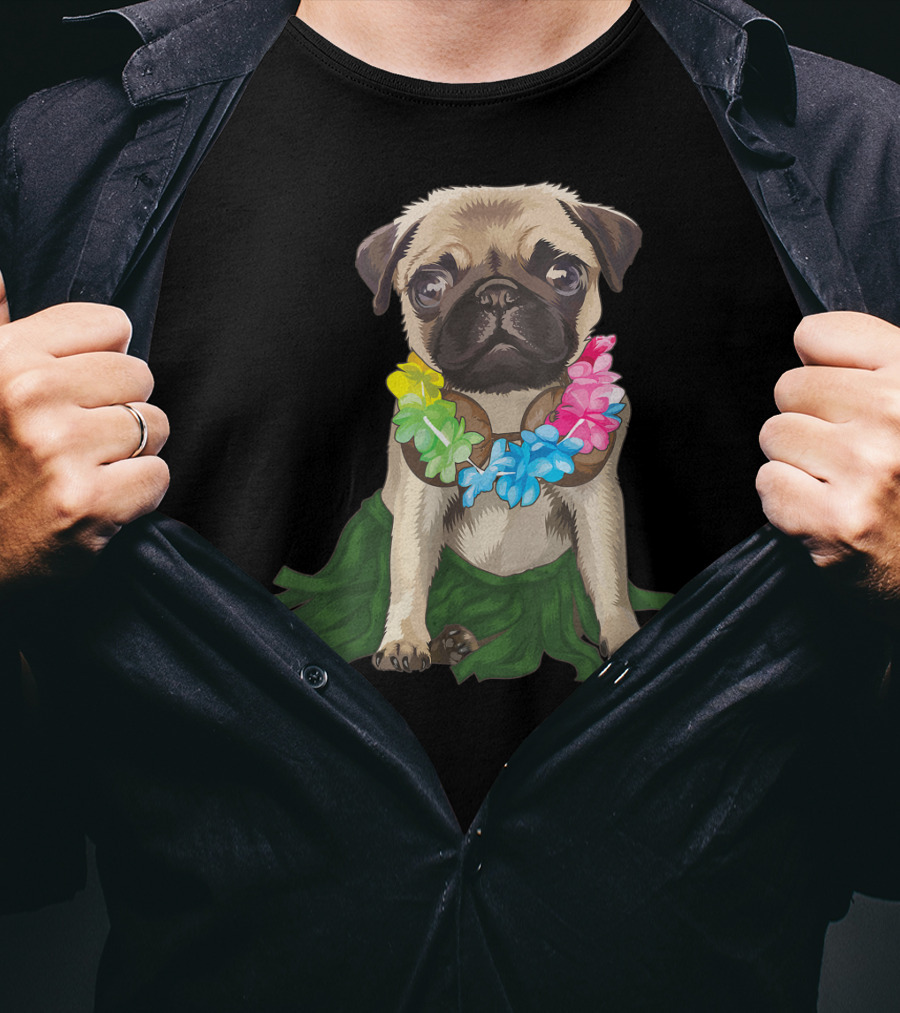 Pug Wearing Hawaiian Hula Skirt And Flower Lei Aloha Dance Animal T-Shirt