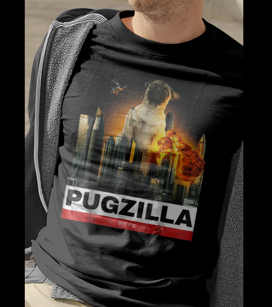 Pugzilla Helicopter Explosion City Skyline Cute Pug T-Shirt