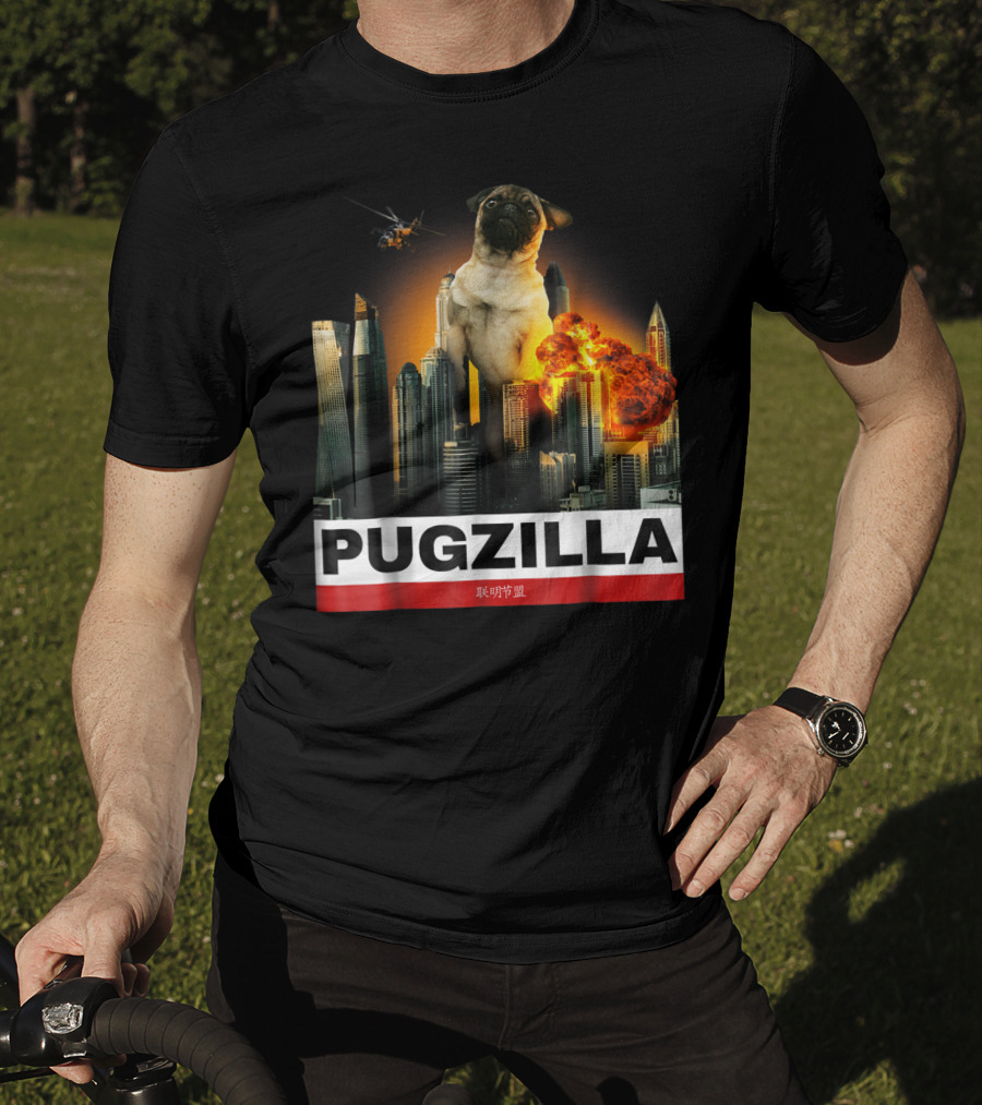 Pugzilla Helicopter Explosion City Skyline Cute Pug T-Shirt