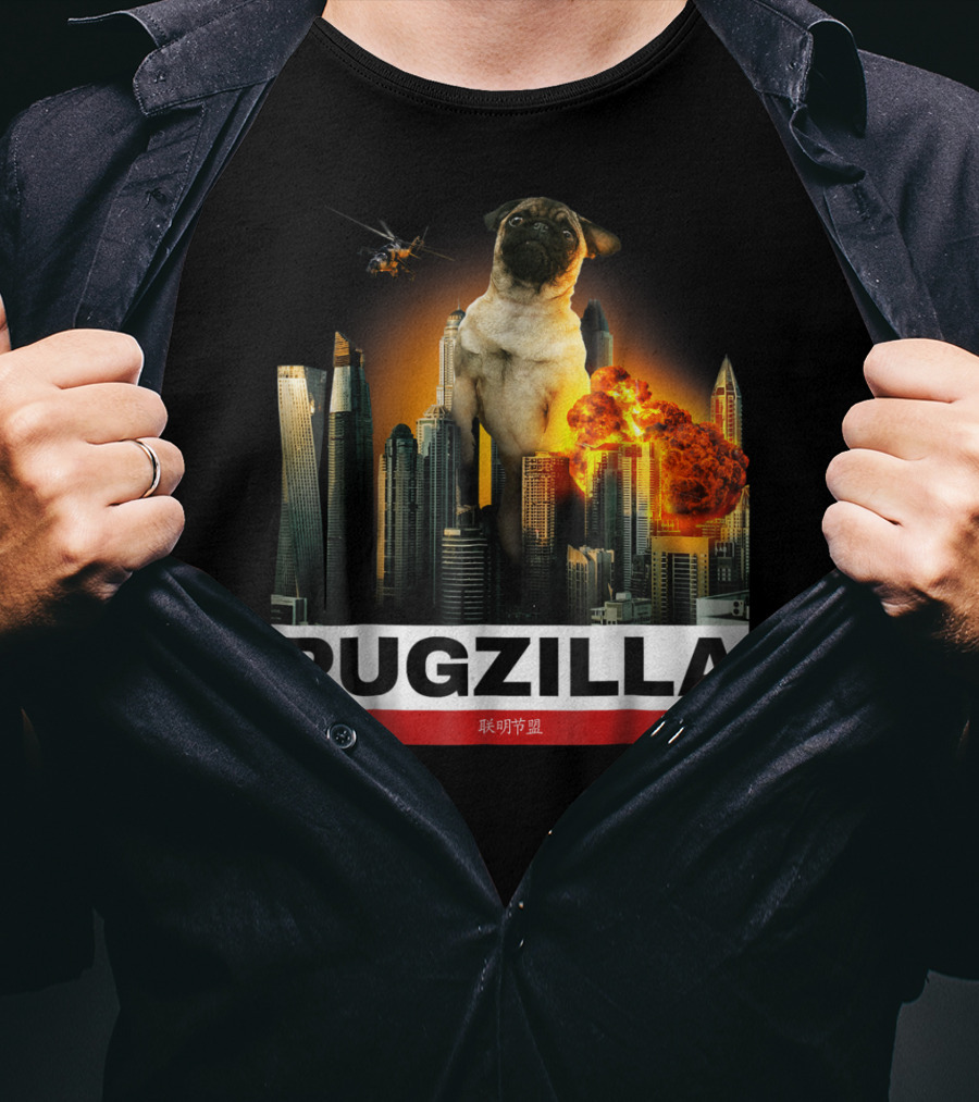 Pugzilla Helicopter Explosion City Skyline Cute Pug T-Shirt