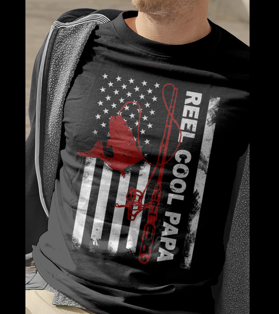 Reel Cool Papa American Flag Fishing Rod And Fish T-Shirt