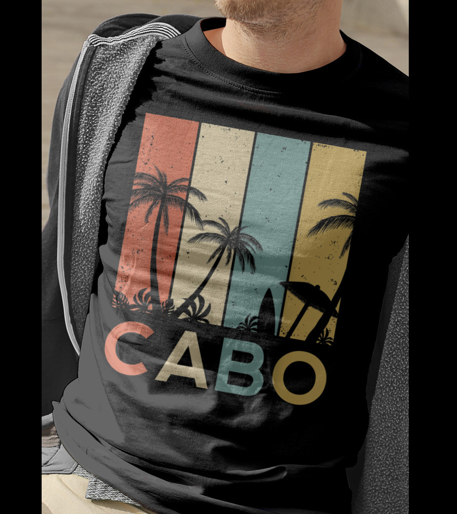 Retro Cabo San Lucas Mexico Tropical Palm Sunset Surfboard T-Shirt