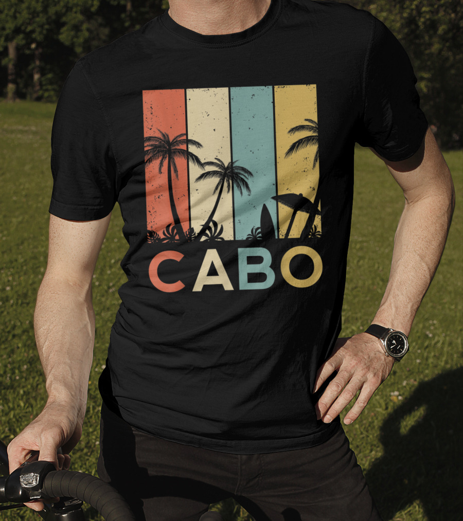Retro Cabo San Lucas Mexico Tropical Palm Sunset Surfboard T-Shirt