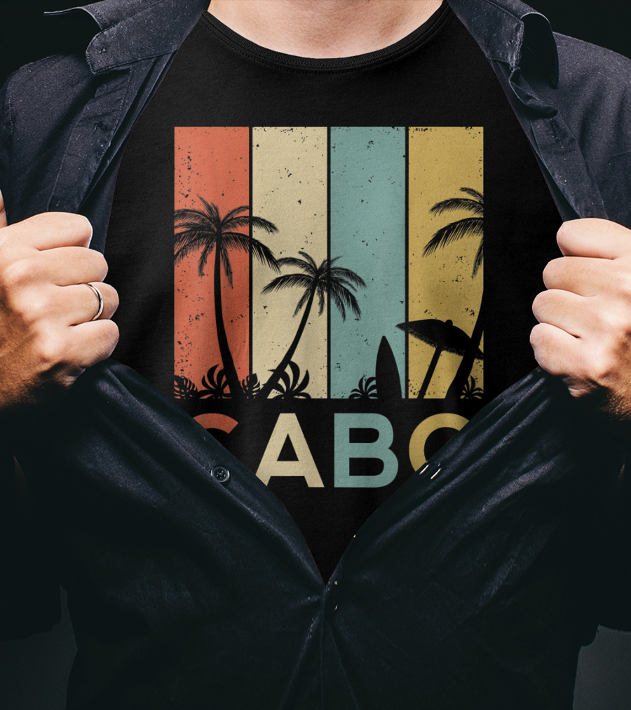 Retro Cabo San Lucas Mexico Tropical Palm Sunset Surfboard T-Shirt