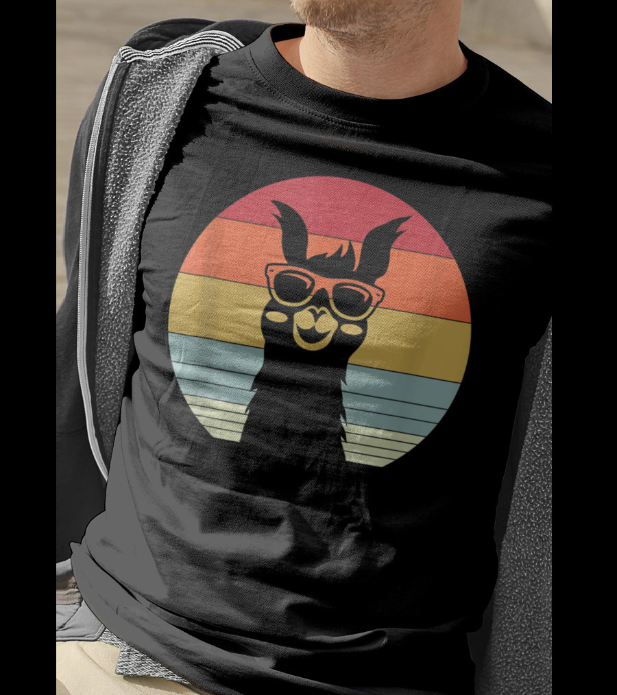 Retro Vintage Best Llama Dad Ever Father's Day Sunset Stripes T-Shirt