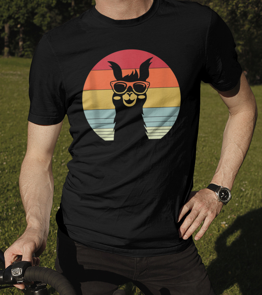 Retro Vintage Best Llama Dad Ever Father's Day Sunset Stripes T-Shirt