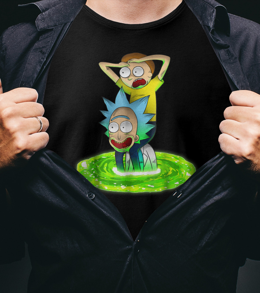 Rick And Morty Emerging From Green Portal Adventure T-Shirt
