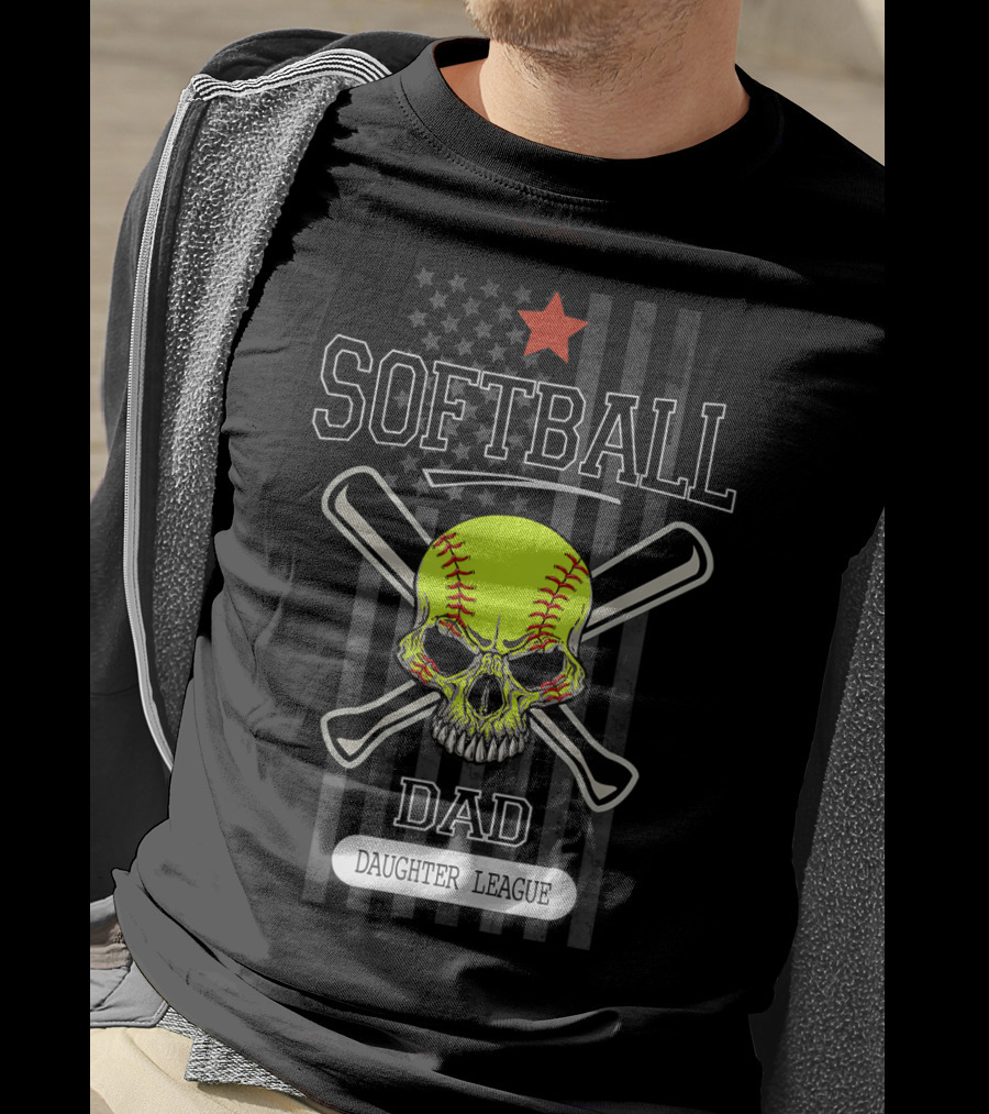 SOFTBALL DAD DAUGHTER LEAGUE Skull Crossed Bats Star Flag T-Shirt