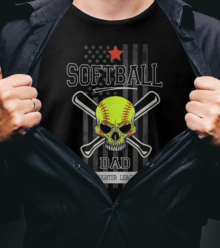 SOFTBALL DAD DAUGHTER LEAGUE Skull Crossed Bats Star Flag T-Shirt