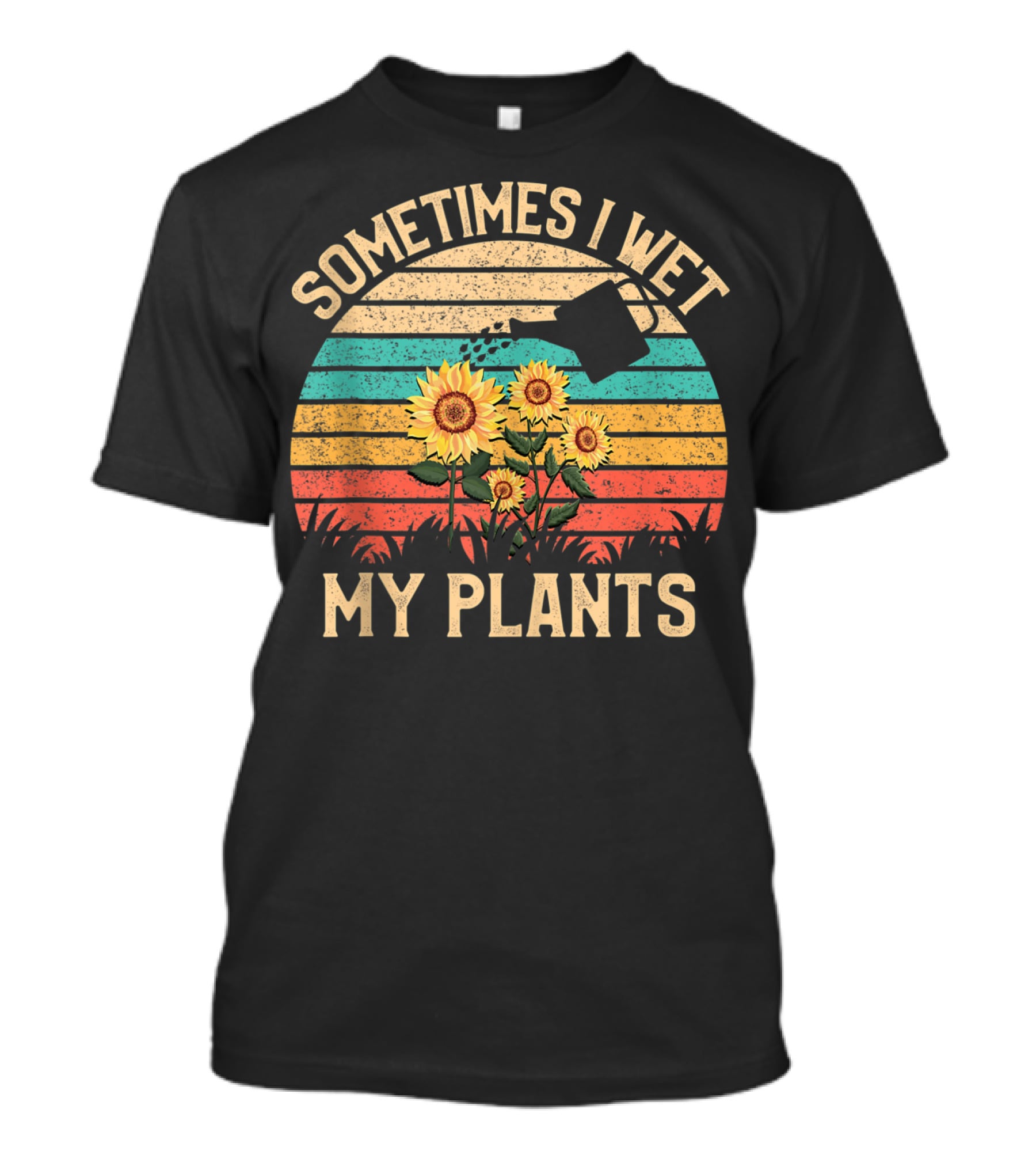 Sometimes I Wet My Plants Vintage Sunflower Watering Can Retro Stripes T-Shirt