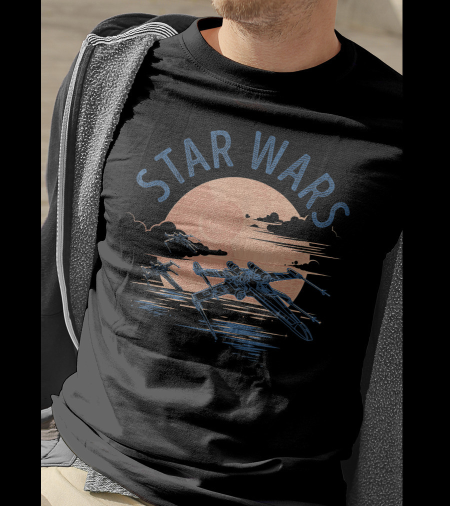 Star Wars X Wing Fighters Flying At Sunset With Death Star In Background T-Shirt