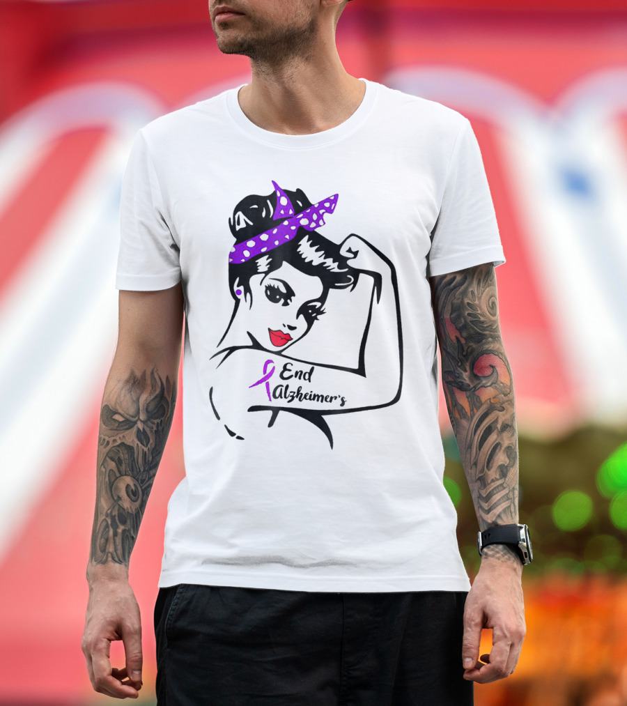 Strong Woman End Alzheimer's Awareness Purple Ribbon Rosie The Riveter T-Shirt