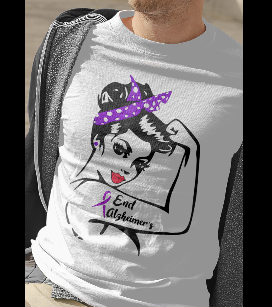 Strong Woman End Alzheimer's Awareness Purple Ribbon Rosie The Riveter T-Shirt
