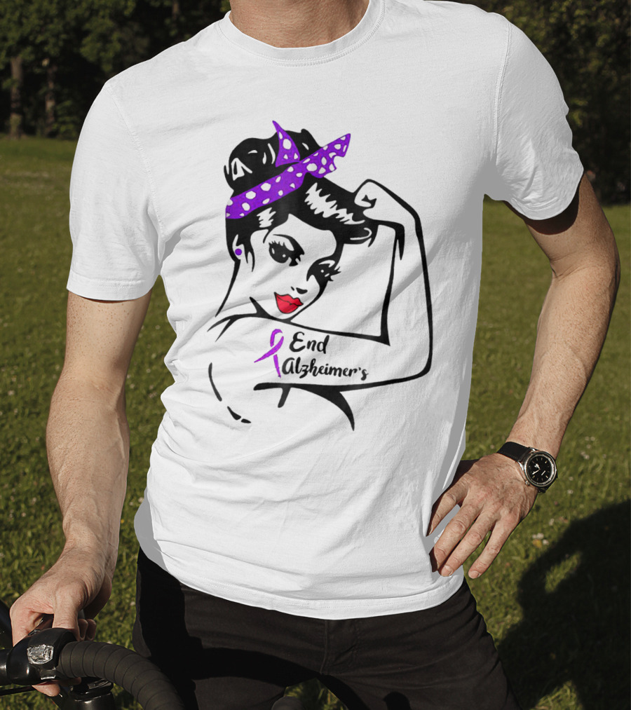 Strong Woman End Alzheimer's Awareness Purple Ribbon Rosie The Riveter T-Shirt