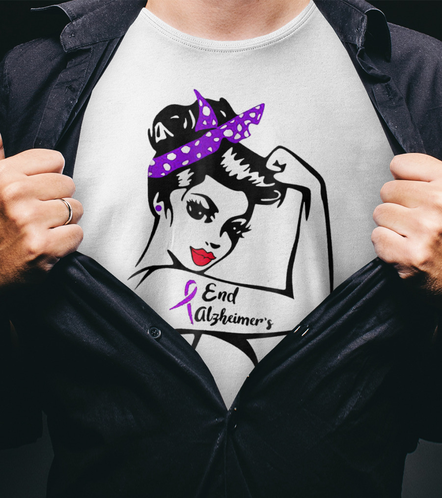 Strong Woman End Alzheimer's Awareness Purple Ribbon Rosie The Riveter T-Shirt