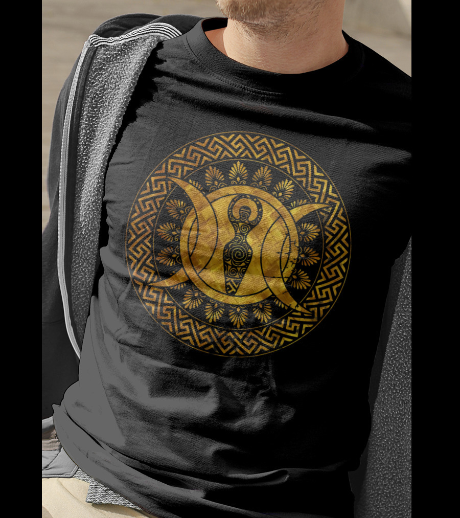 Triple Moon Wiccan Pagan Spiral Goddess Geometric Gold T-Shirt