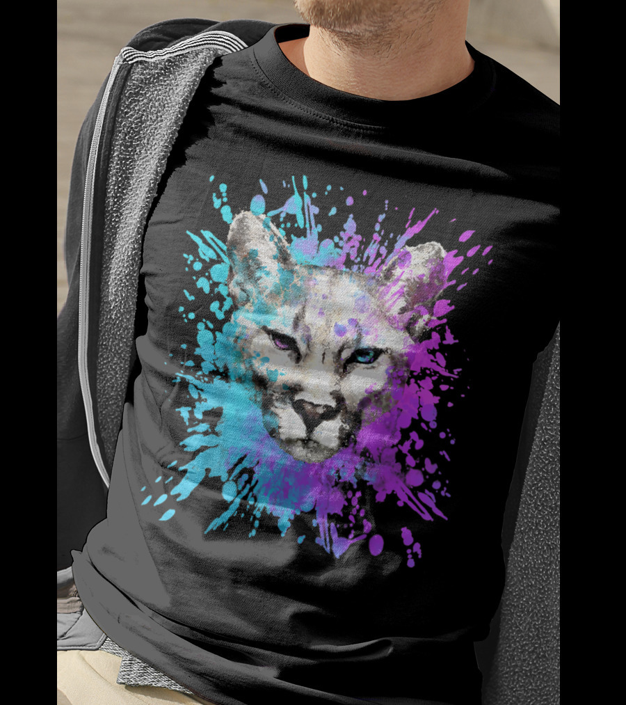 Watercolour Cougar Mountain Lion Artsy Splatter T-Shirt