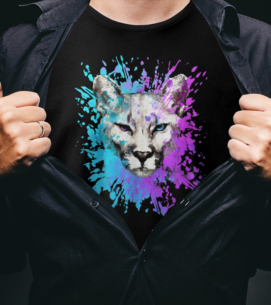 Watercolour Cougar Mountain Lion Artsy Splatter T-Shirt