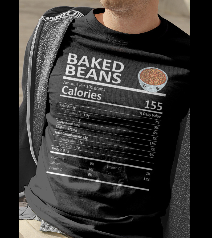 Baked Beans Nutrition Facts Cute Cartoon Calories Dietary Fiber Iron Calcium T-Shirt