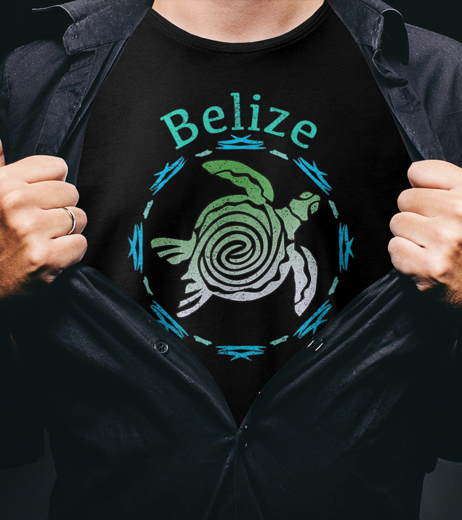 Belize Spiral Turtle With Blue Tribal Accents T-Shirt