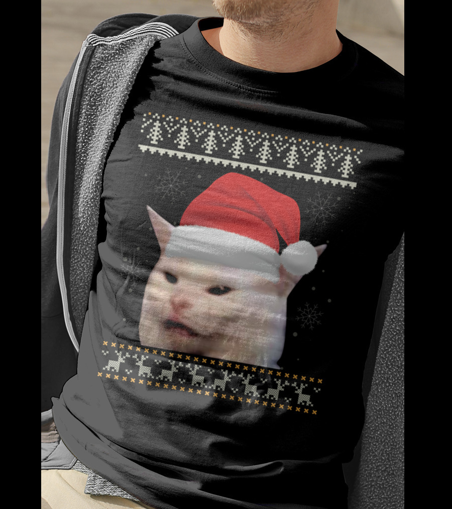 Confused Cat With Red Santa Hat And Christmas T-Shirt