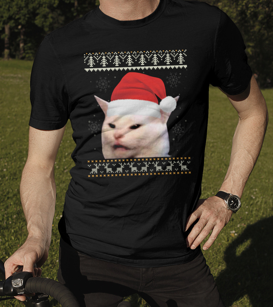 Confused Cat With Red Santa Hat And Christmas T-Shirt