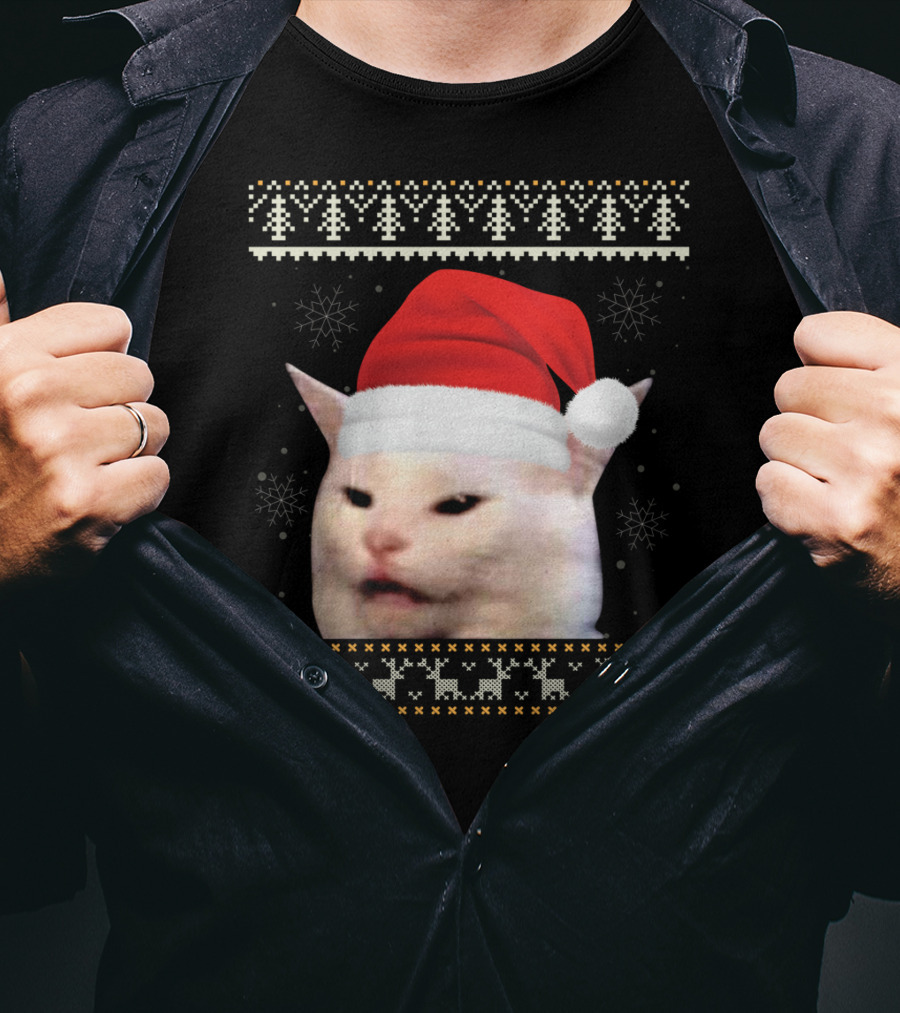 Confused Cat With Red Santa Hat And Christmas T-Shirt
