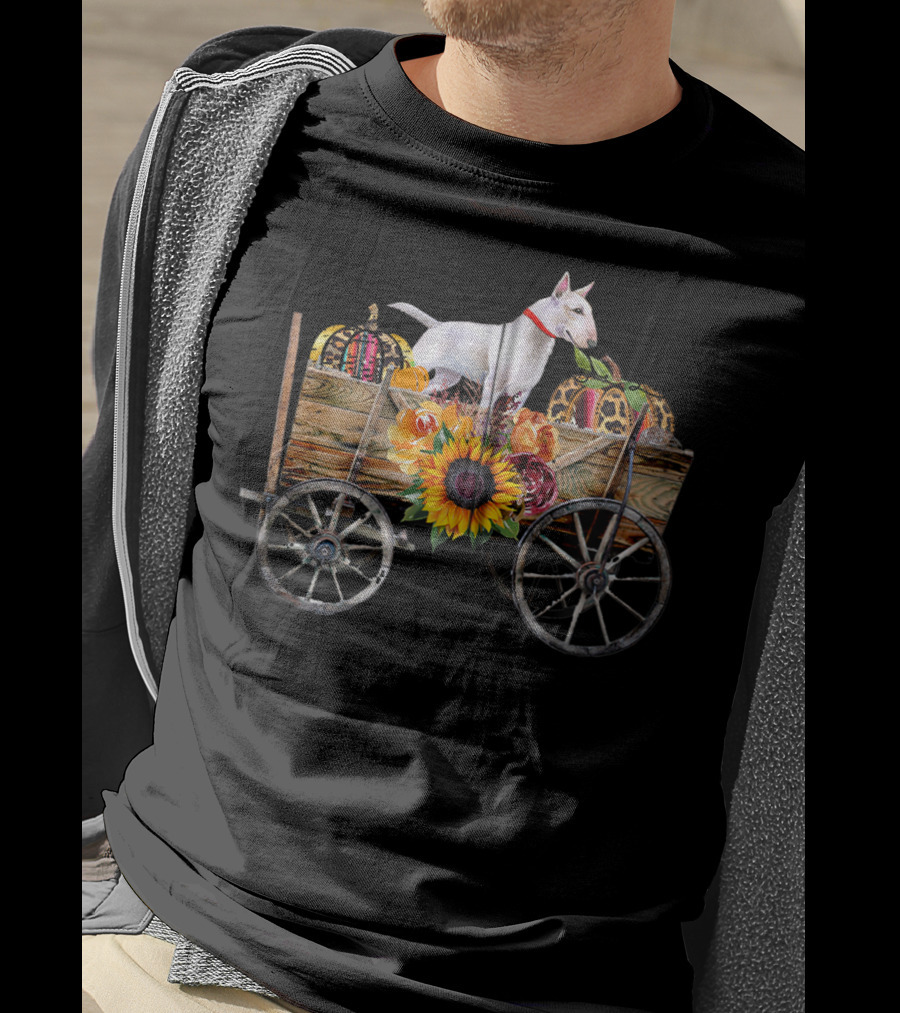 Bull Terrier Sunflower And Pumpkin Wagon In Country T-Shirt