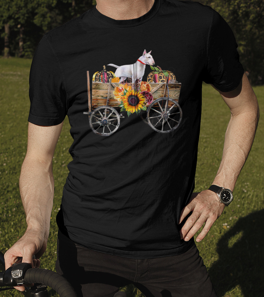 Bull Terrier Sunflower And Pumpkin Wagon In Country T-Shirt