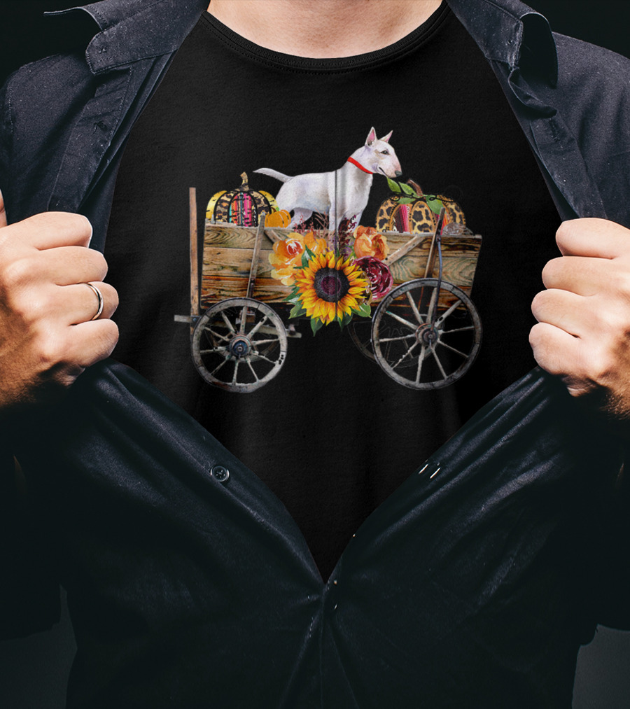 Bull Terrier Sunflower And Pumpkin Wagon In Country T-Shirt