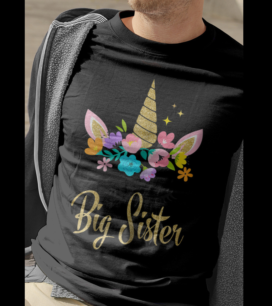 Big Sister Unicorn Floral Horn And Ears T-Shirt