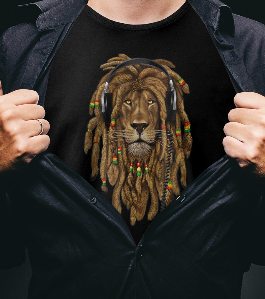 Marley Lion Dreadlock Rastafari Headphones Reggae T-Shirt