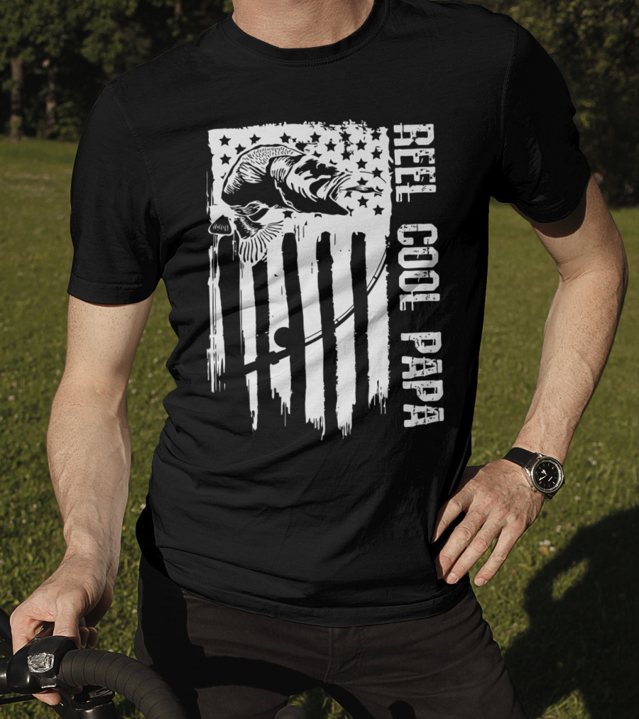 Reel Cool Papa Fishing Patriotic American Flag T-Shirt
