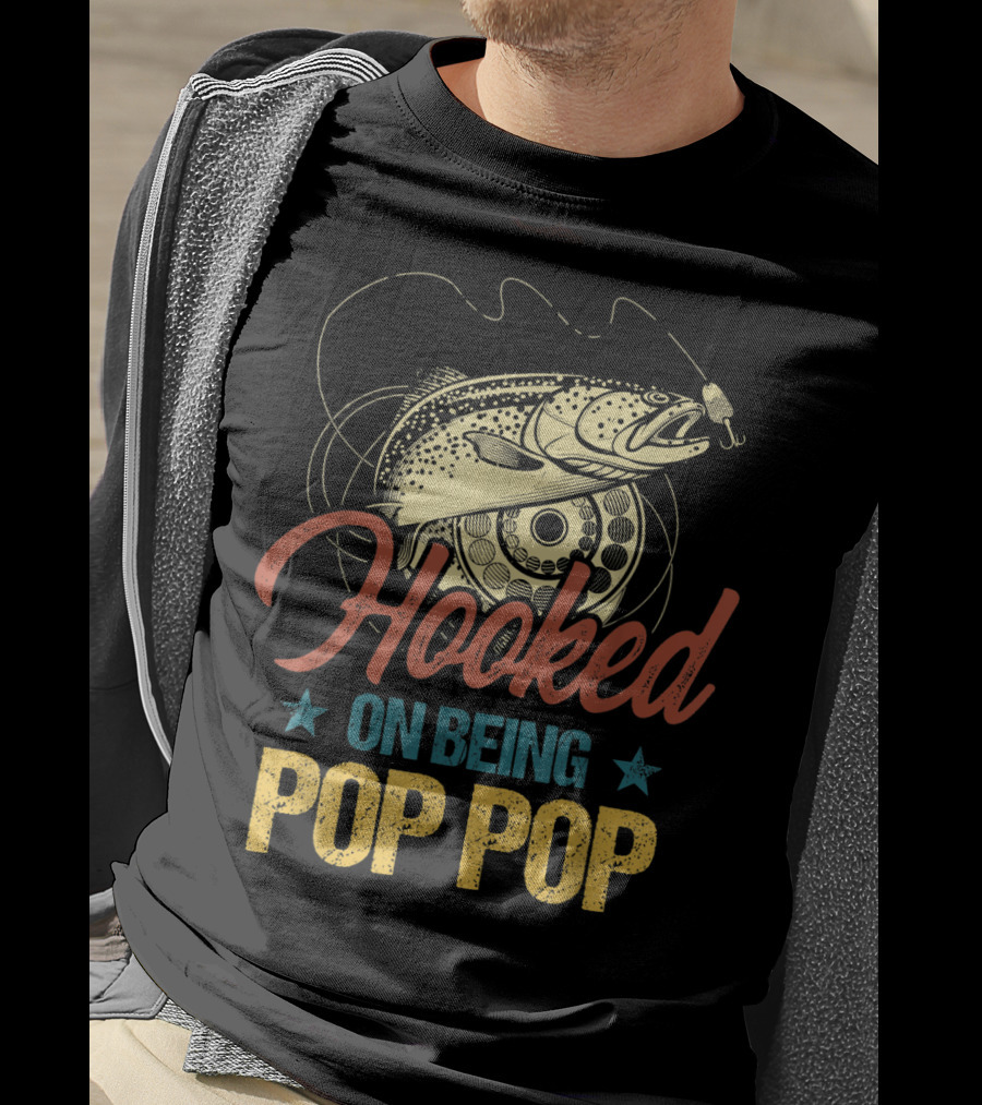 Hooked On Being Pop Pop Fishing Vintage Mens T-Shirt