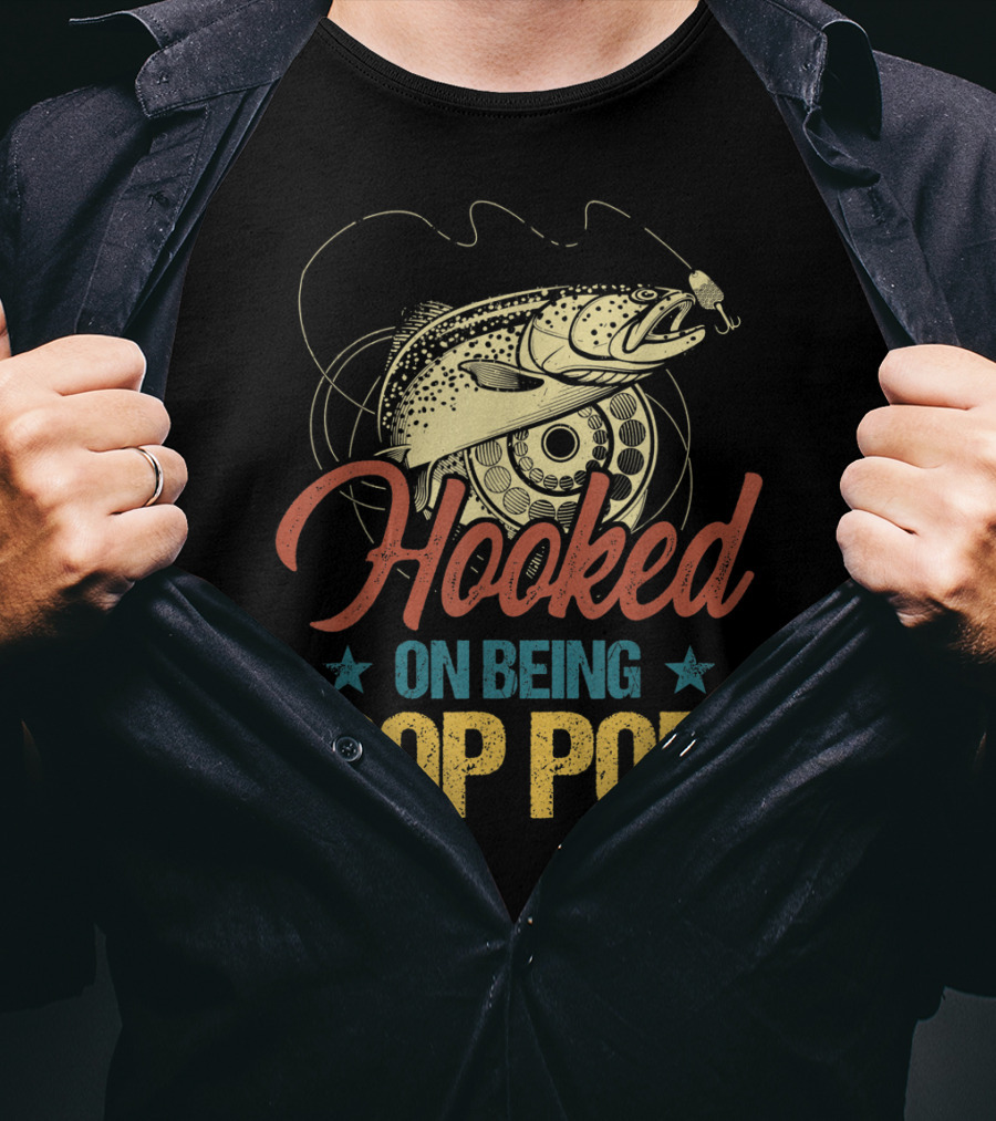 Hooked On Being Pop Pop Fishing Vintage Mens T-Shirt