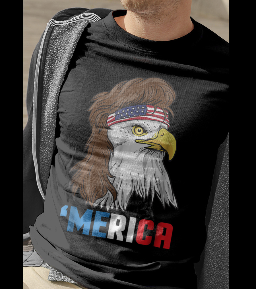 'Merica Patriotic Mullet Eagle With American Flag Headband T-Shirt