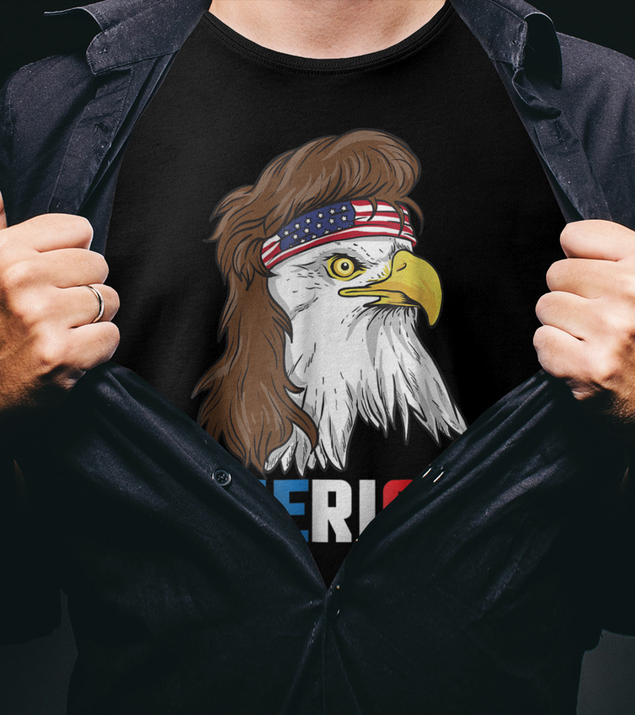 'Merica Patriotic Mullet Eagle With American Flag Headband T-Shirt
