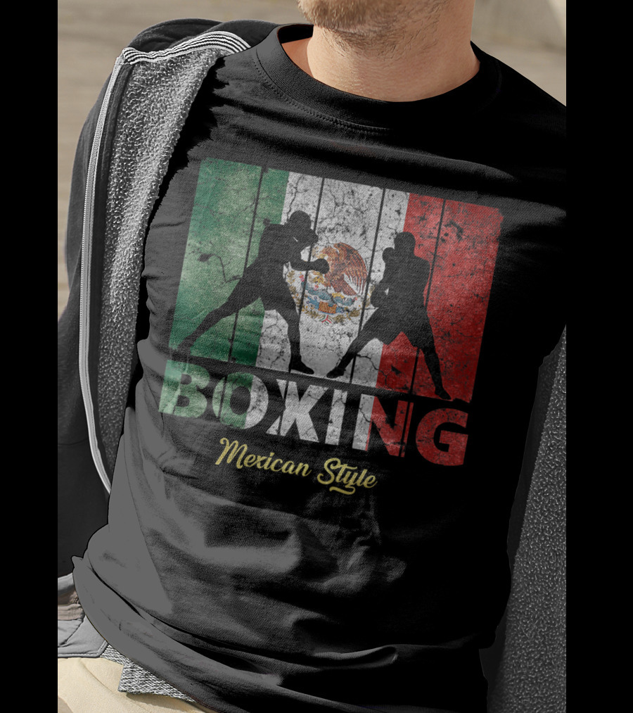 Mexican Vintage Style Boxing With Great Boxing Silhouettes And Flag Background T-Shirt