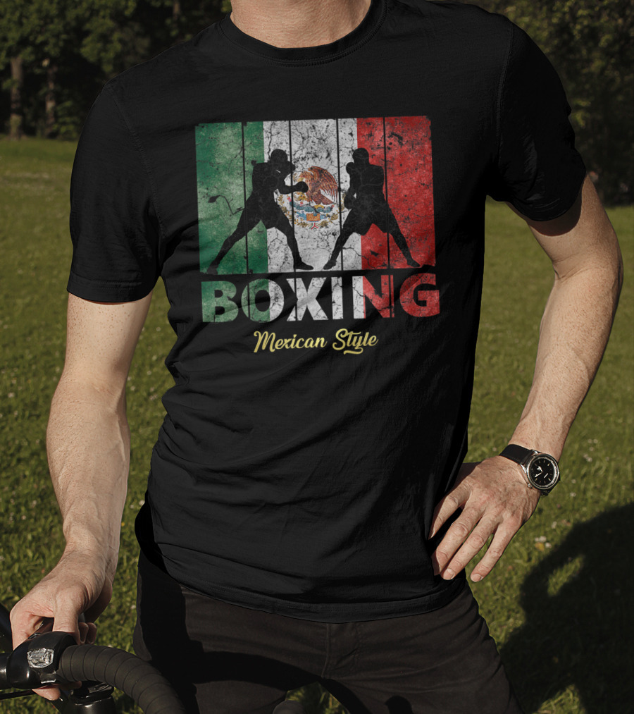 Mexican Vintage Style Boxing With Great Boxing Silhouettes And Flag Background T-Shirt