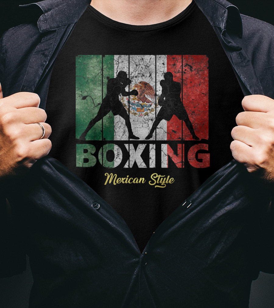 Mexican Vintage Style Boxing With Great Boxing Silhouettes And Flag Background T-Shirt
