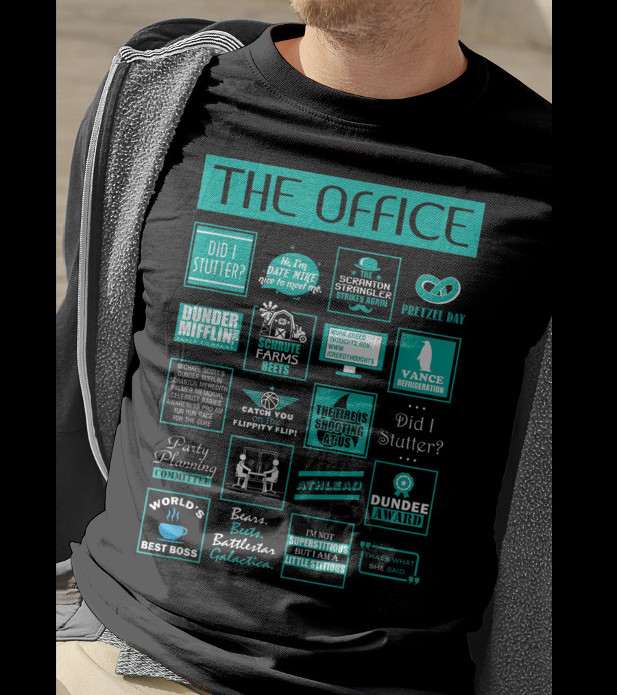 The Office Mash Up Dunder Mifflin Schrute Farms Bears Battlestar Galactica Dundee Award T-Shirt