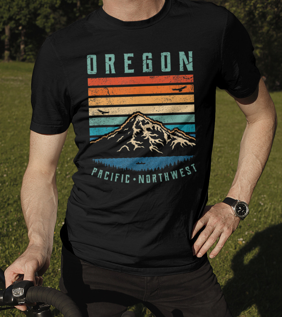 Oregon Pacific Northwest Vintage Portland Mountain Sunset Stripes T-Shirt