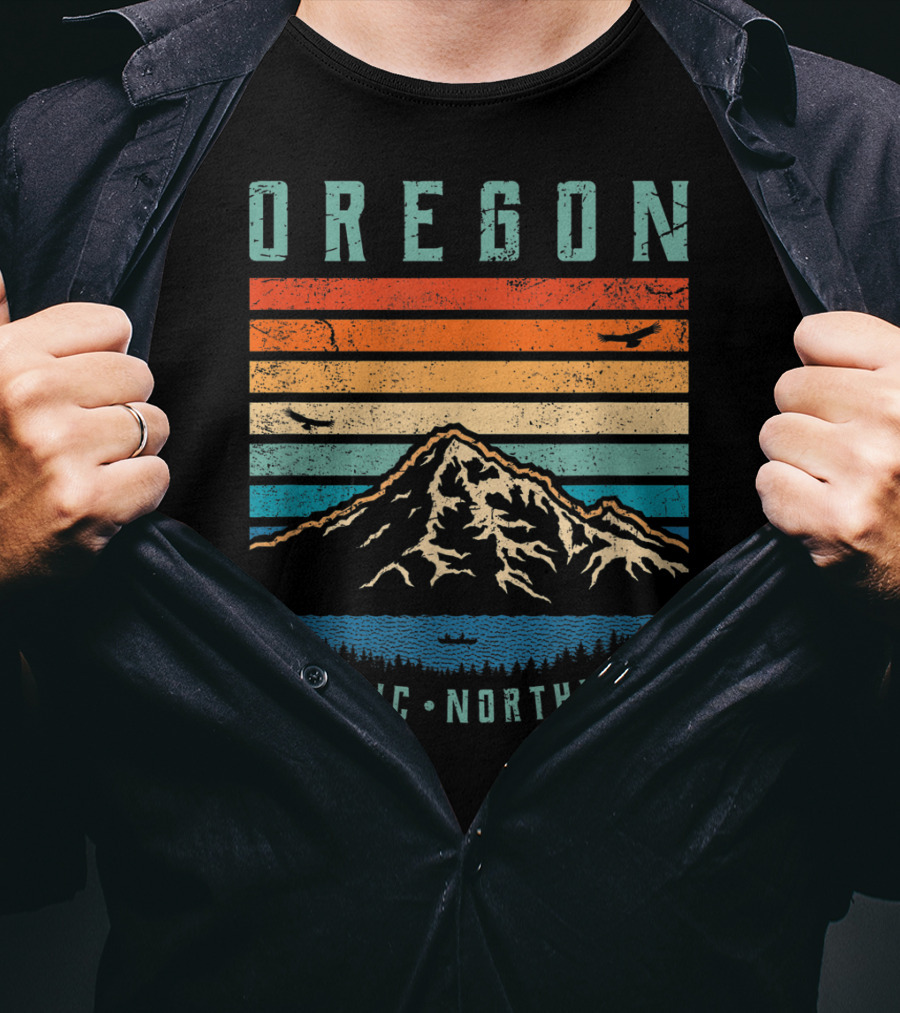 Oregon Pacific Northwest Vintage Portland Mountain Sunset Stripes T-Shirt