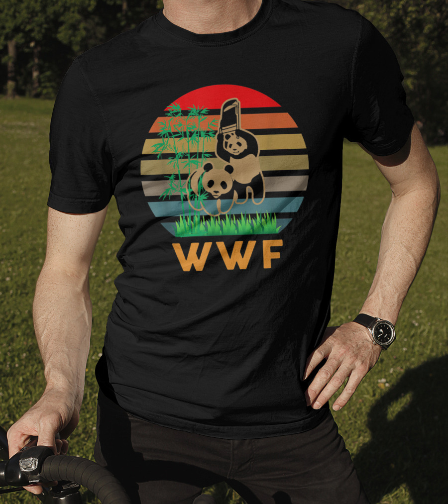 WWF Panda Bears With Bamboo And Retro Stripes T-Shirt