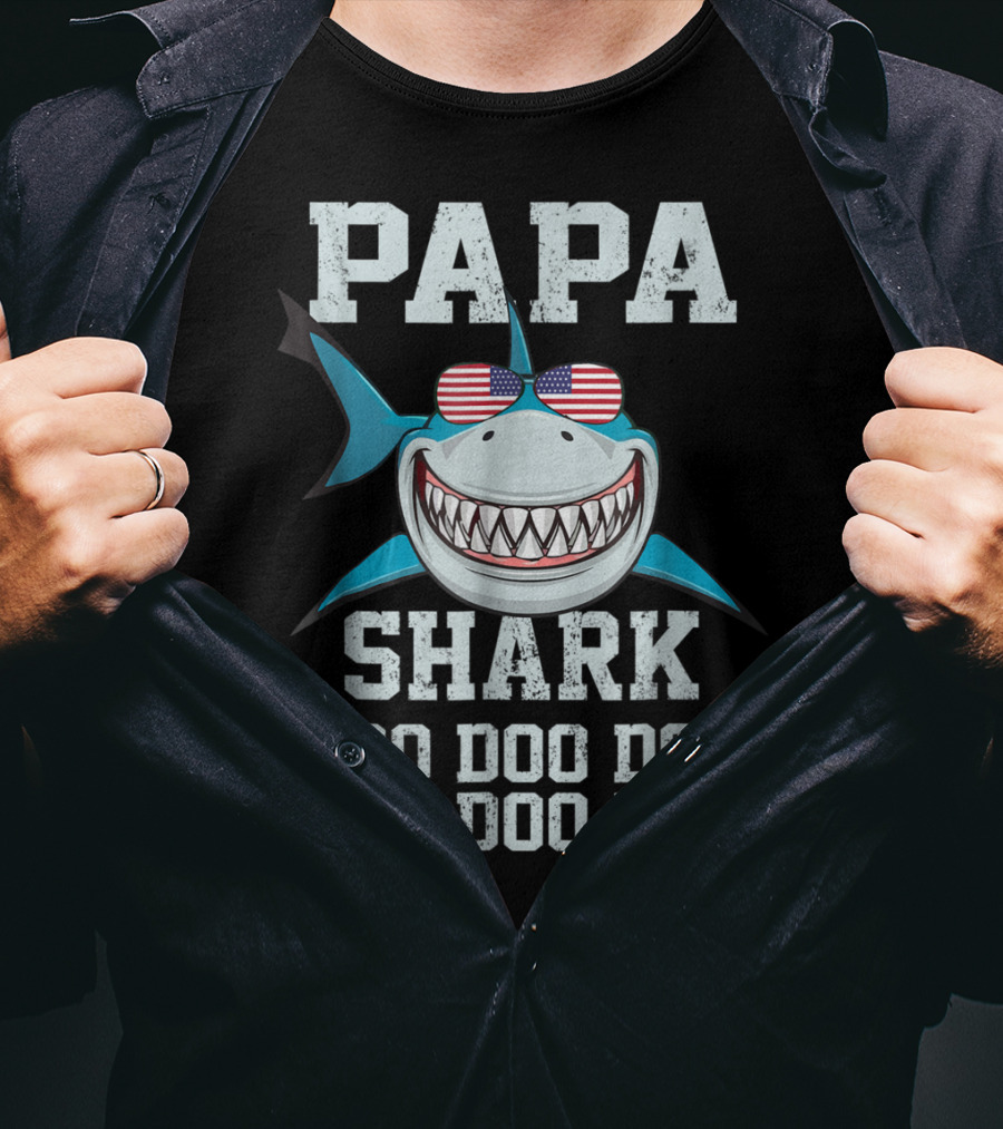 Papa Shark Doo Doo Doo Doo American Flag Sunglasses Fathers T-Shirt