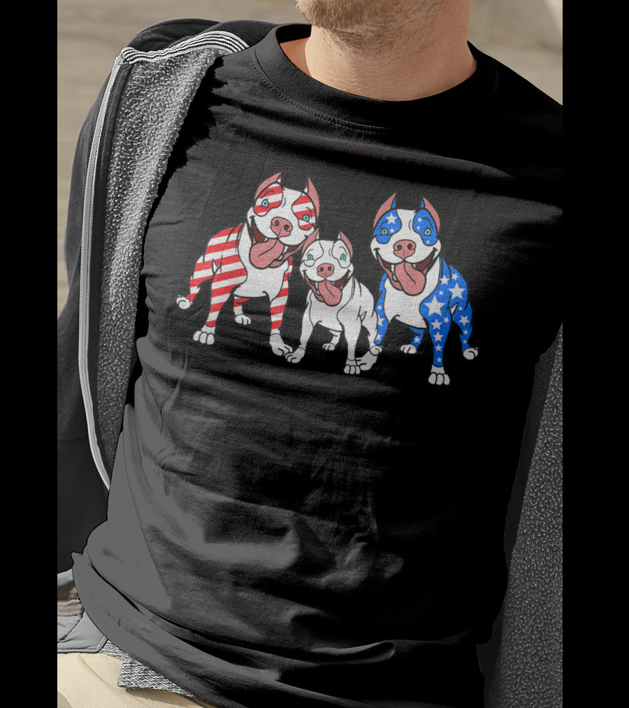 Pitbulls American Flag Red White Blue Patriotic T-Shirt