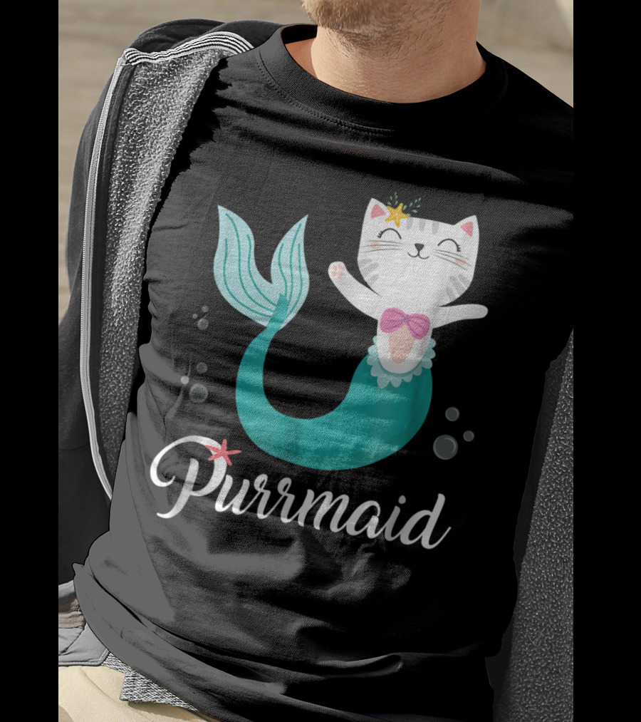 Purrmaid Cat Mermaid For Girls With Star And Bow T-Shirt