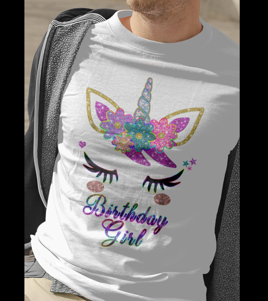 Rainbow Glitter Unicorn Birthday Girl Flowers Stars T-Shirt