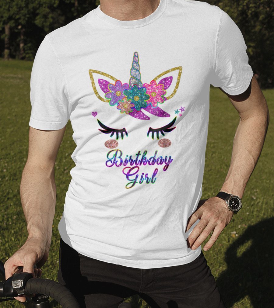Rainbow Glitter Unicorn Birthday Girl Flowers Stars T-Shirt